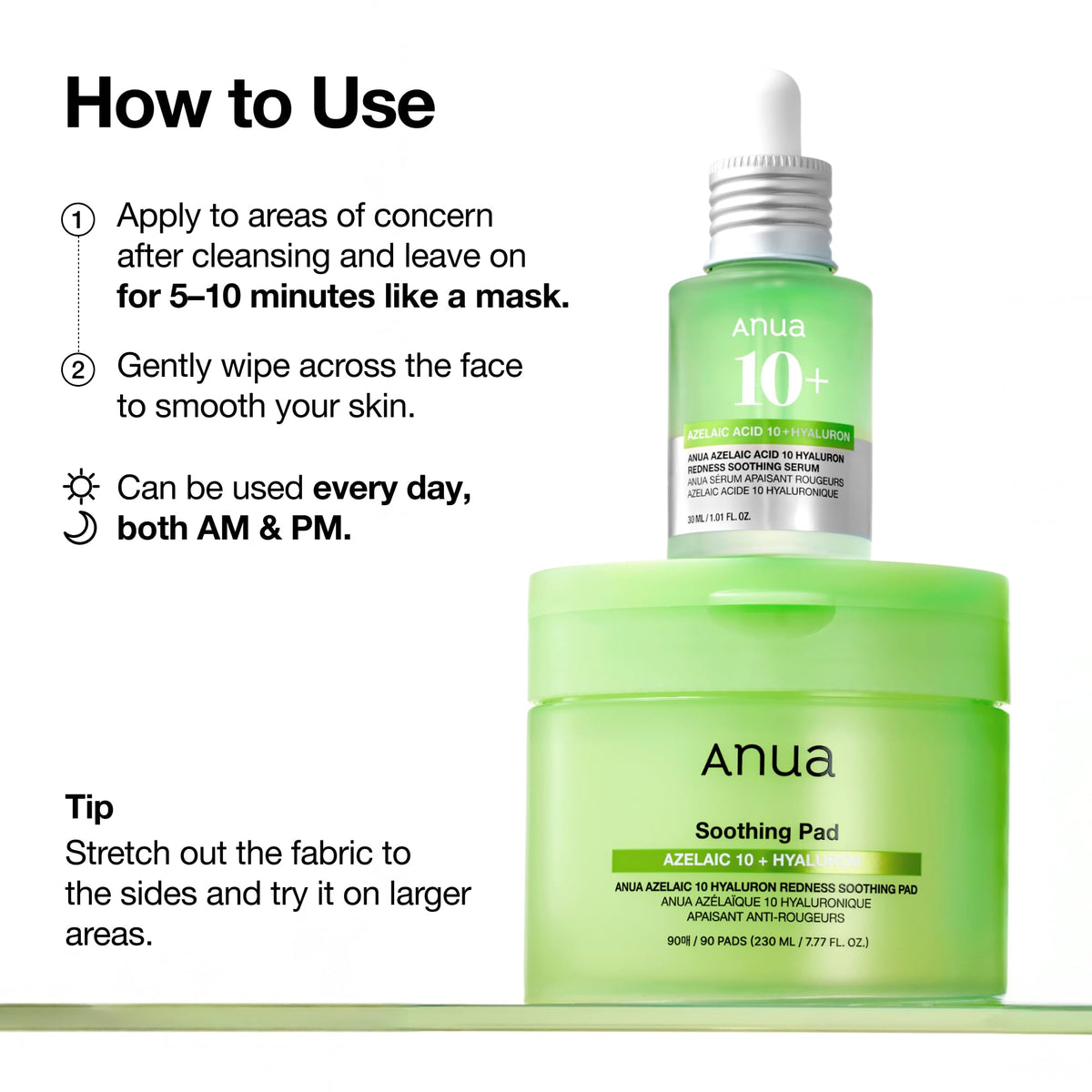 Anua Azelaic Acid toner pad container and serum bottle displayed together