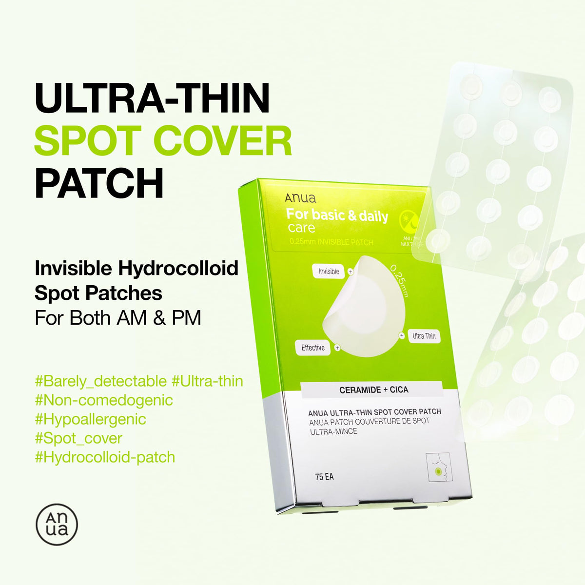 ANUA Ultra Thin Spot Cover Patch seventy five count sheet demonstrating the clear hydrocolloid design