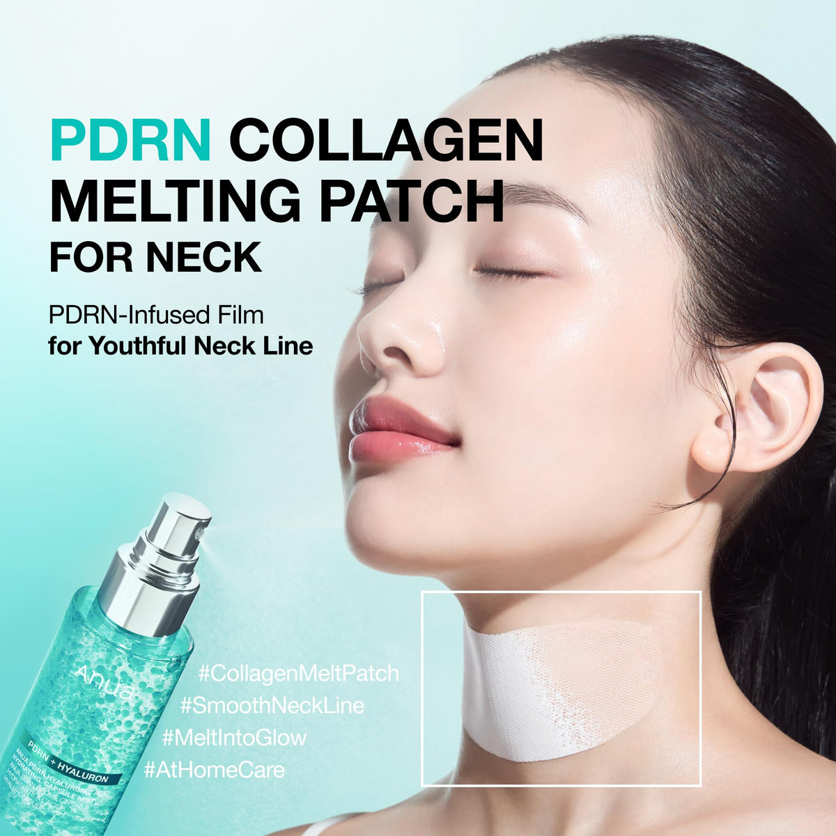 Anua melting face and neck patches applied on target areas showing the dissolving mesh technology for glass skin.