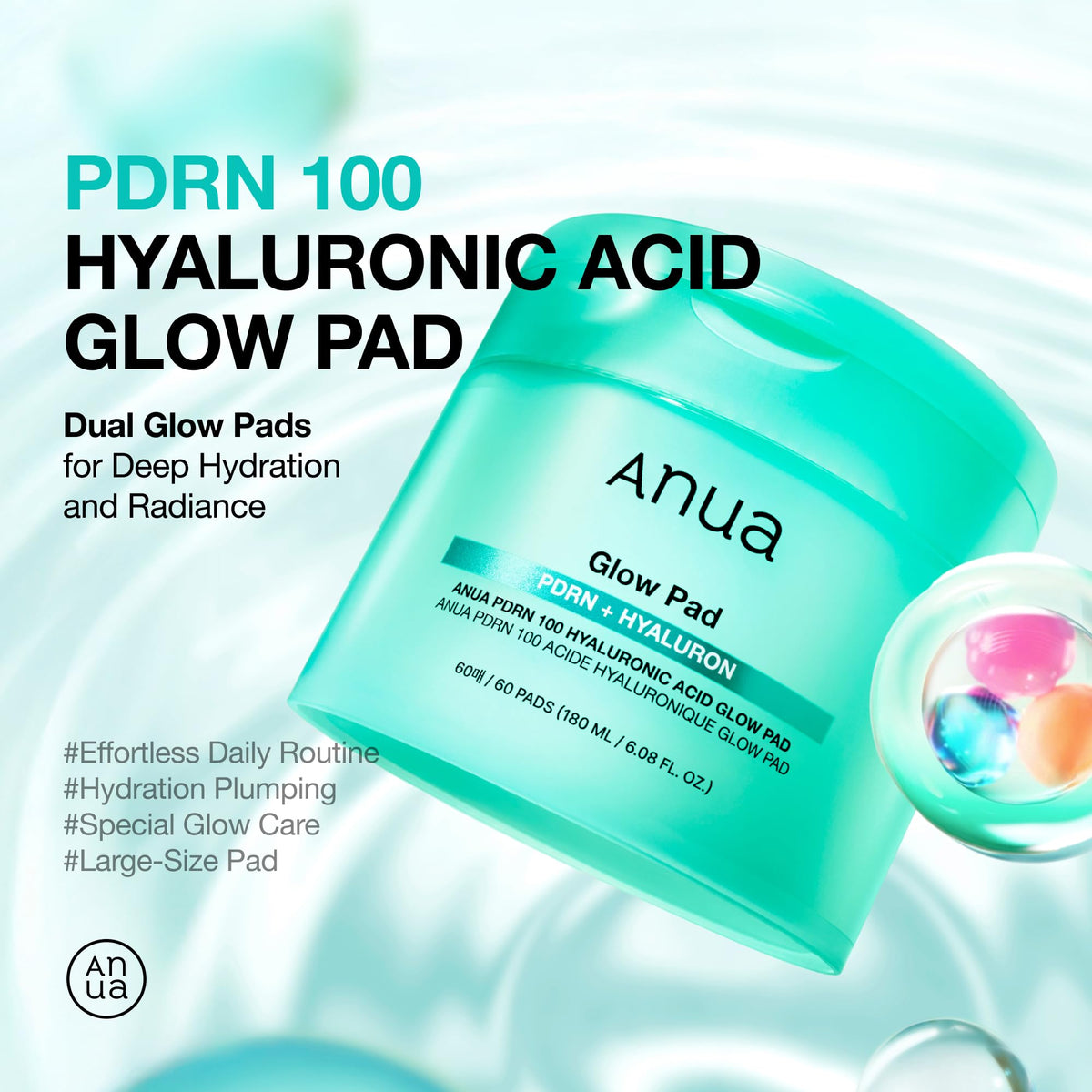 Anua PDRN 100 Hyaluronic Acid Glow Pad container with 60 dual-sided pads