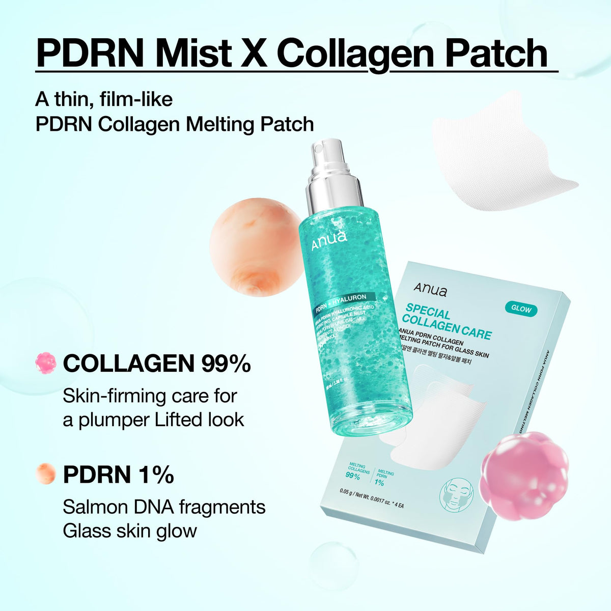 Anua PDRN Hyaluronic Acid Face Mist bottle being sprayed for instant plumping and dewy finish