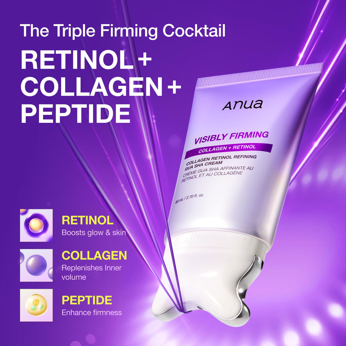 Close-up of the W-shaped metal gua sha applicator on the Anua neck cream tube designed for anti-aging facial massage