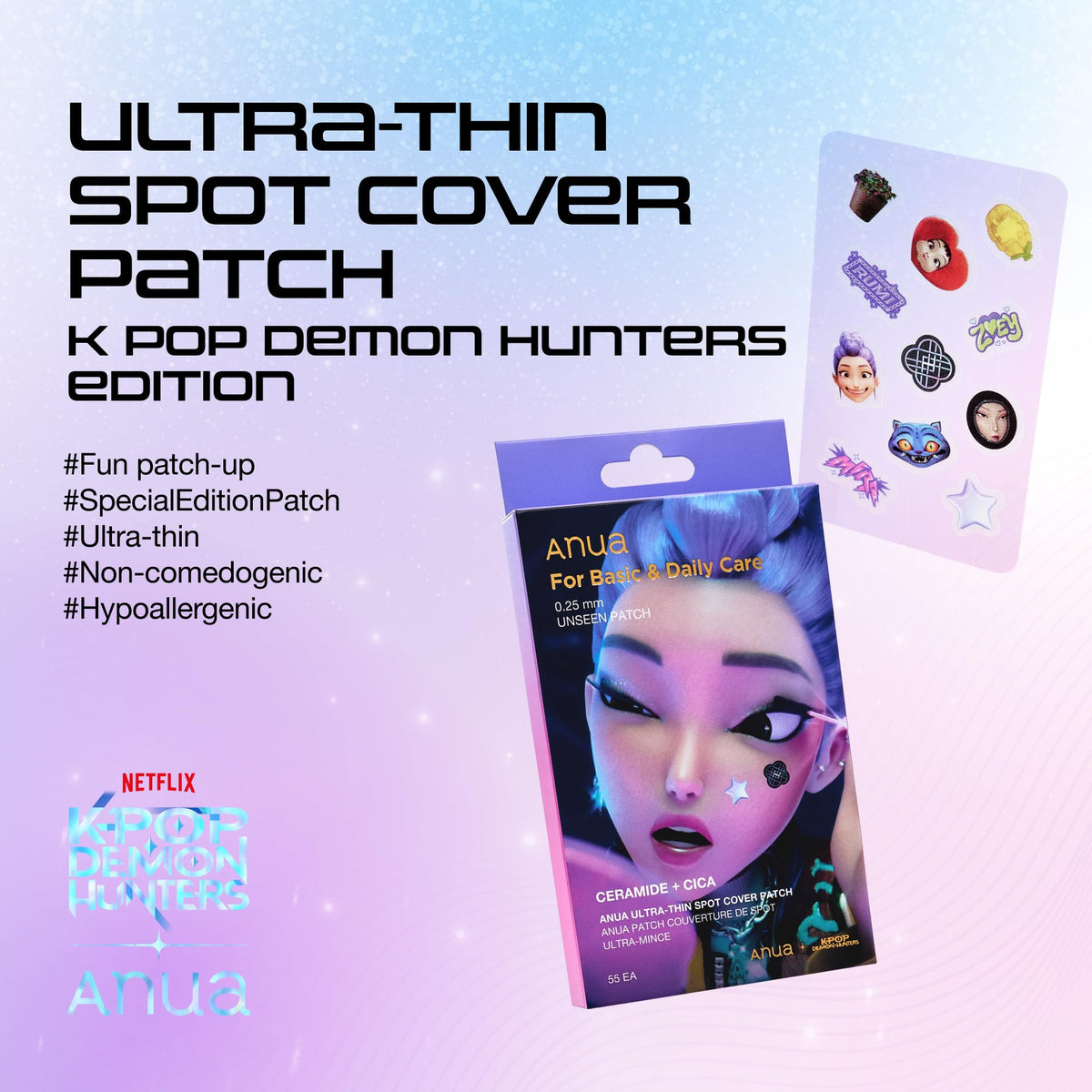 Anua KPop Demon Hunters acne patches applied to the face demonstrating invisible daytime coverage