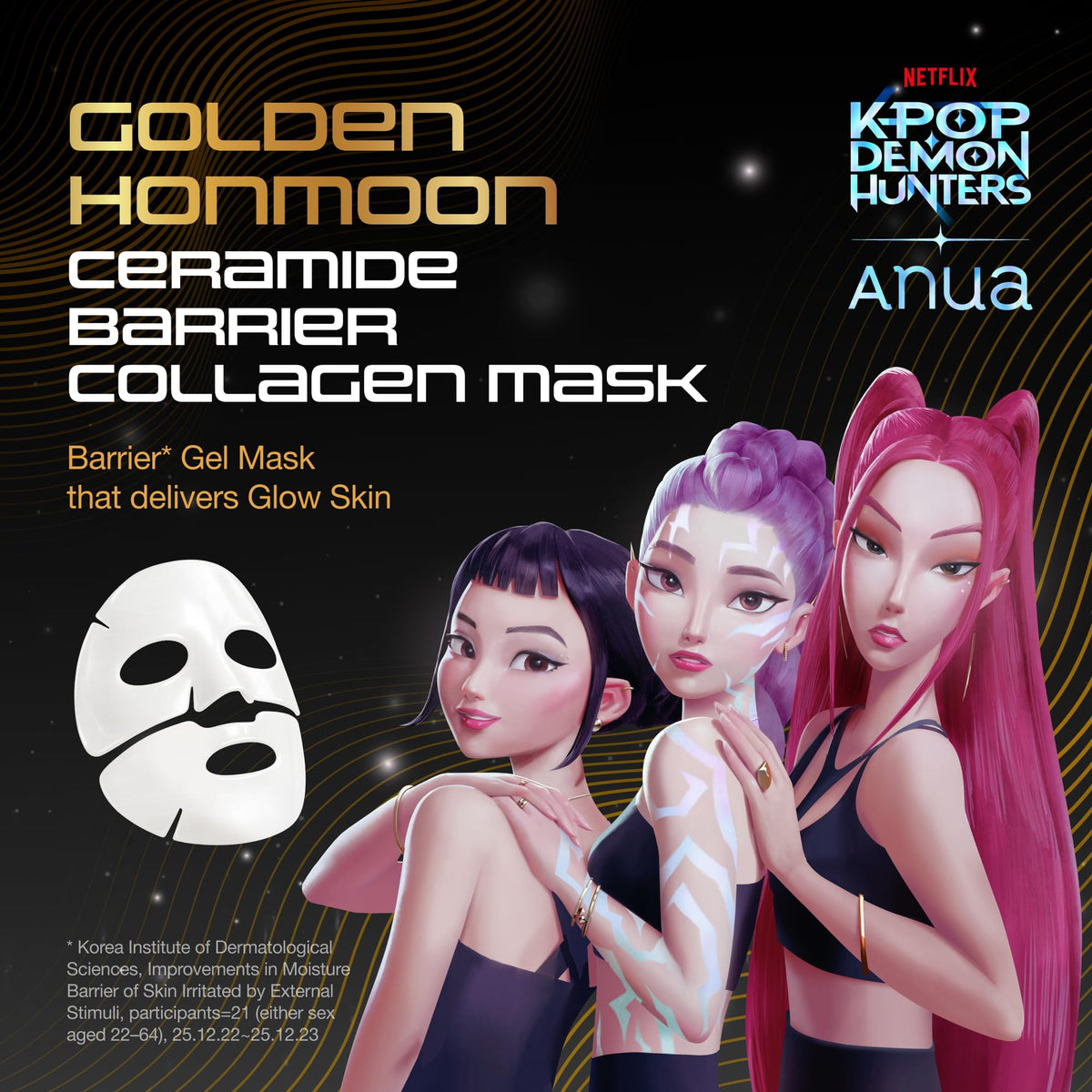 ANUA KPop Demon Hunters hydrogel face mask sheet texture close up emphasizing the transparent gel formulation.