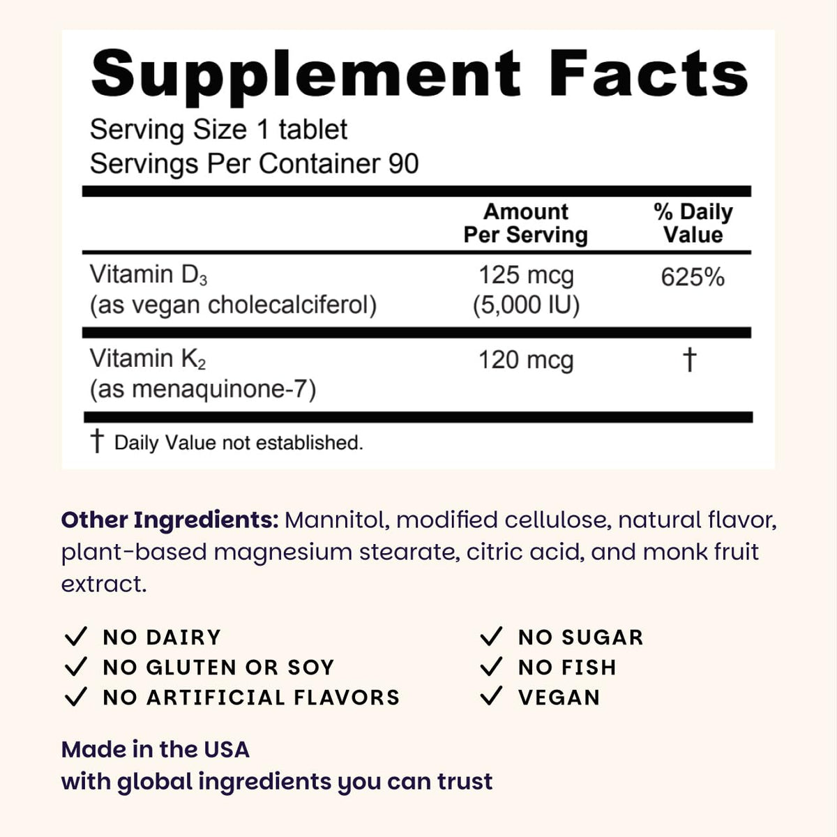 EZ Melts D3 K2 green apple flavor 90 tablets dietary information