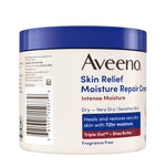 Close up of Aveeno Skin Relief intense repair cream label showing ingredients