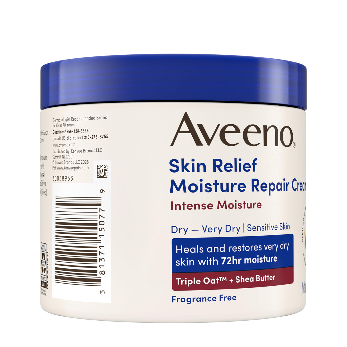 Close up of Aveeno Skin Relief intense repair cream label showing ingredients