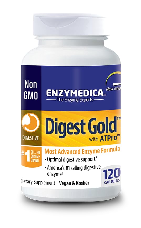 Enzymedica Digest Gold capsule bottle highlighting 14 key enzymes for bloating and gas relief.