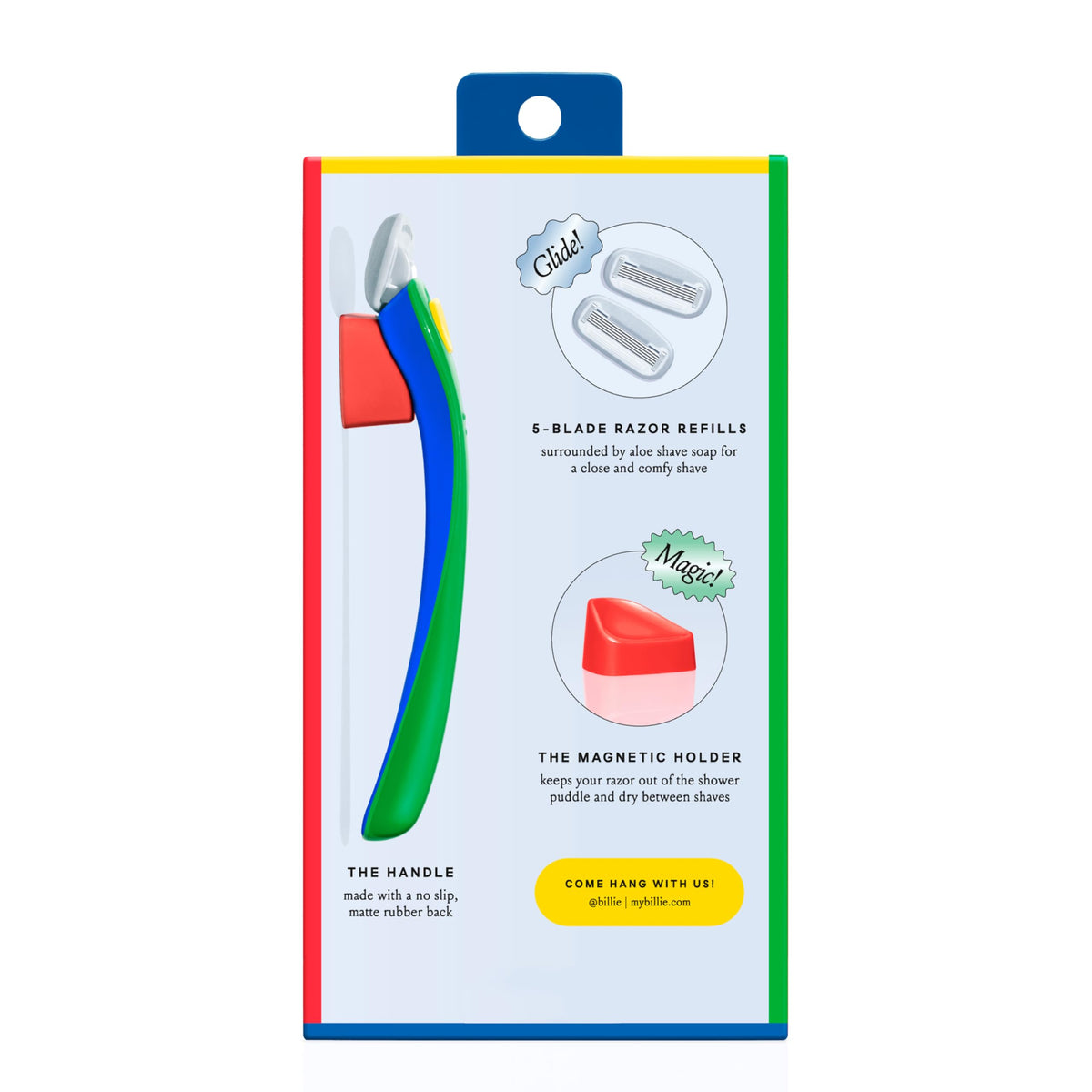 Billie five blade razor refill cartridge close up displaying the built in water activated aloe shave soap cushion