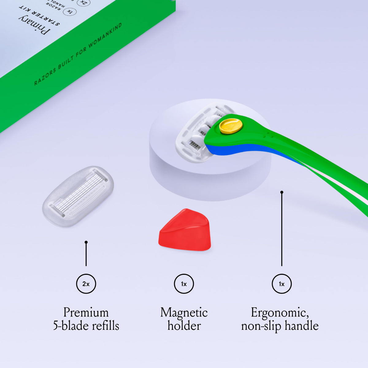 Billie ergonomic non slip razor handle in Primary green colorway demonstrating the comfortable rubberized grip