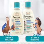 Back label of Aveeno children conditioner showing directions for use and gentle ingredients