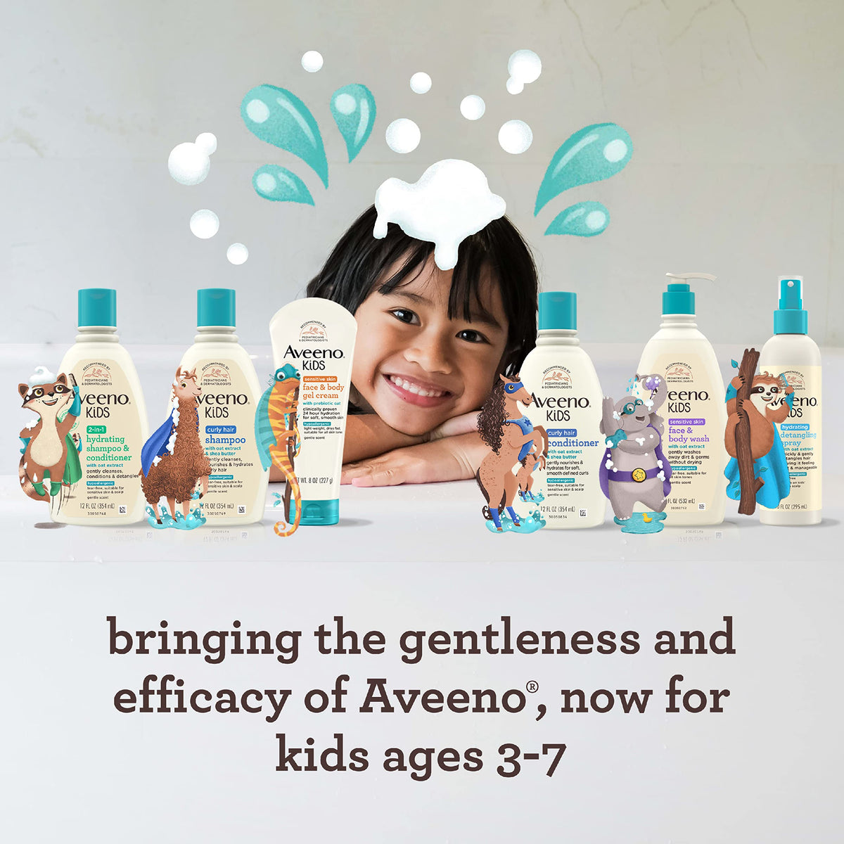 Close up of Aveeno kids hair product featuring natural shea butter curl smoothing benefits