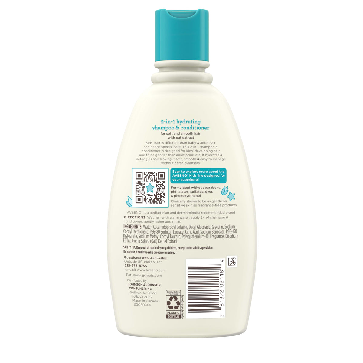 Aveeno Kids shampoo bottle next to bath accessories