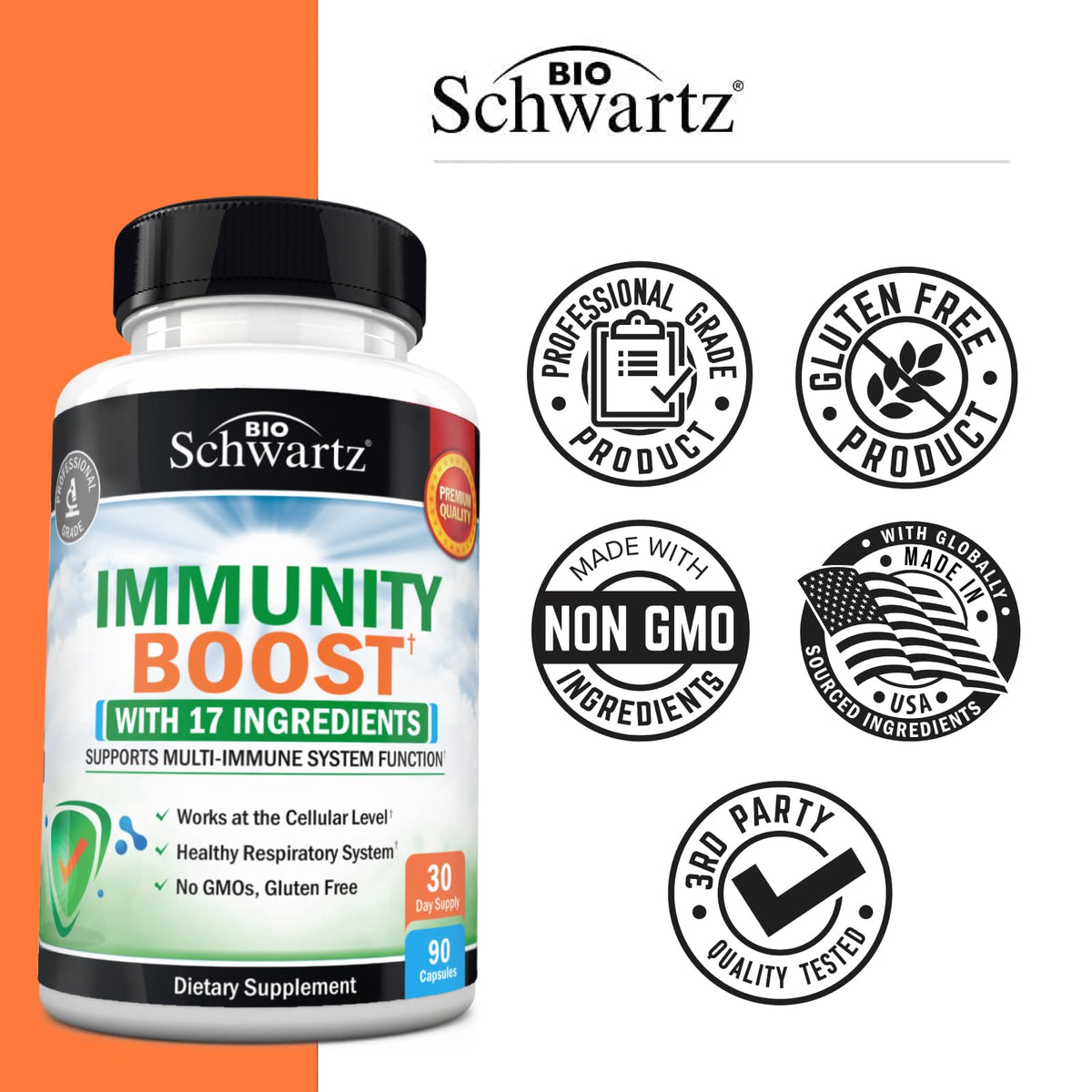 USA imported BioSchwartz immune defense capsules showcasing the blend of elderberry ginger and bee propolis