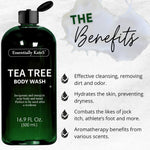 Natural antifungal body wash ingredients label listing tea tree oil and peppermint essential oil