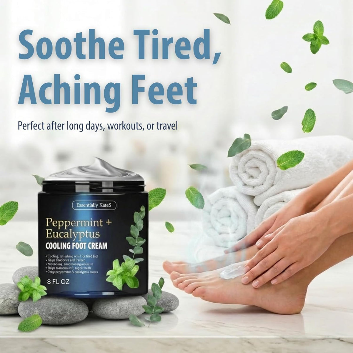 Close up of Essentially KateS peppermint eucalyptus moisturizer for foot massage.