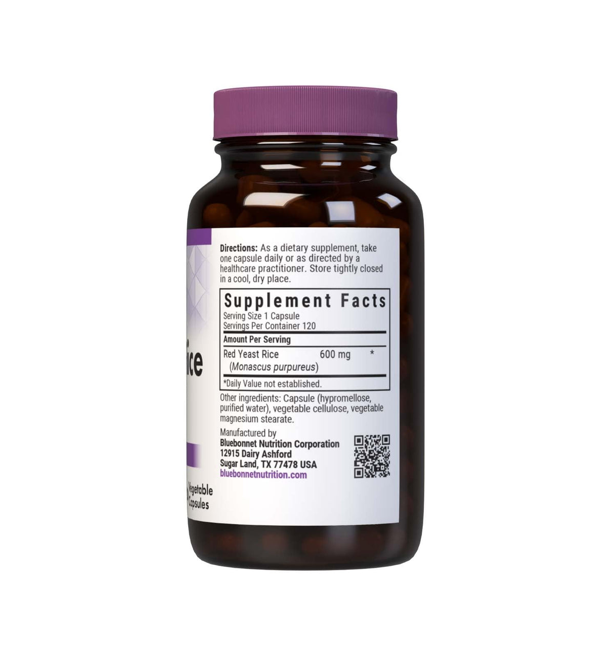 Bluebonnet Red Yeast Rice 120 capsules nutritional facts label and clean ingredient list