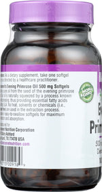 Nutritional facts panel of Bluebonnet evening primrose oil 500mg softgels listing GLA and linoleic acid breakdown