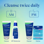 Differin benzoyl peroxide face wash alongside sunscreen showing a complete anti acne skincare routine