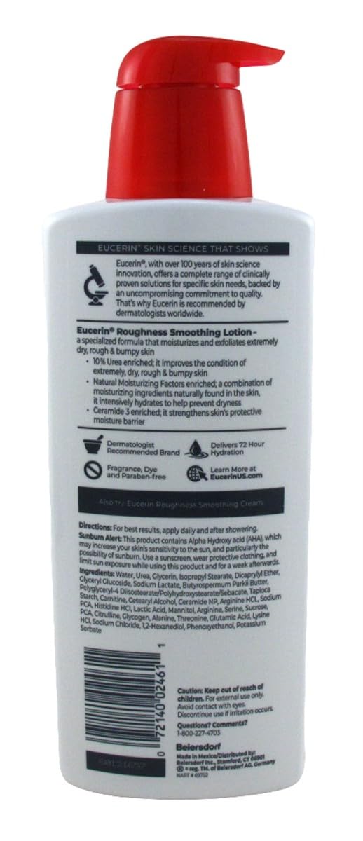 Two bottles of Eucerin Roughness Relief Lotion for dry bumpy skin