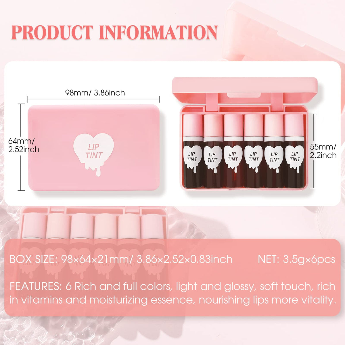 BEFIVECOK high pigment moisturizing lip gloss set showcasing texture and packaging design.