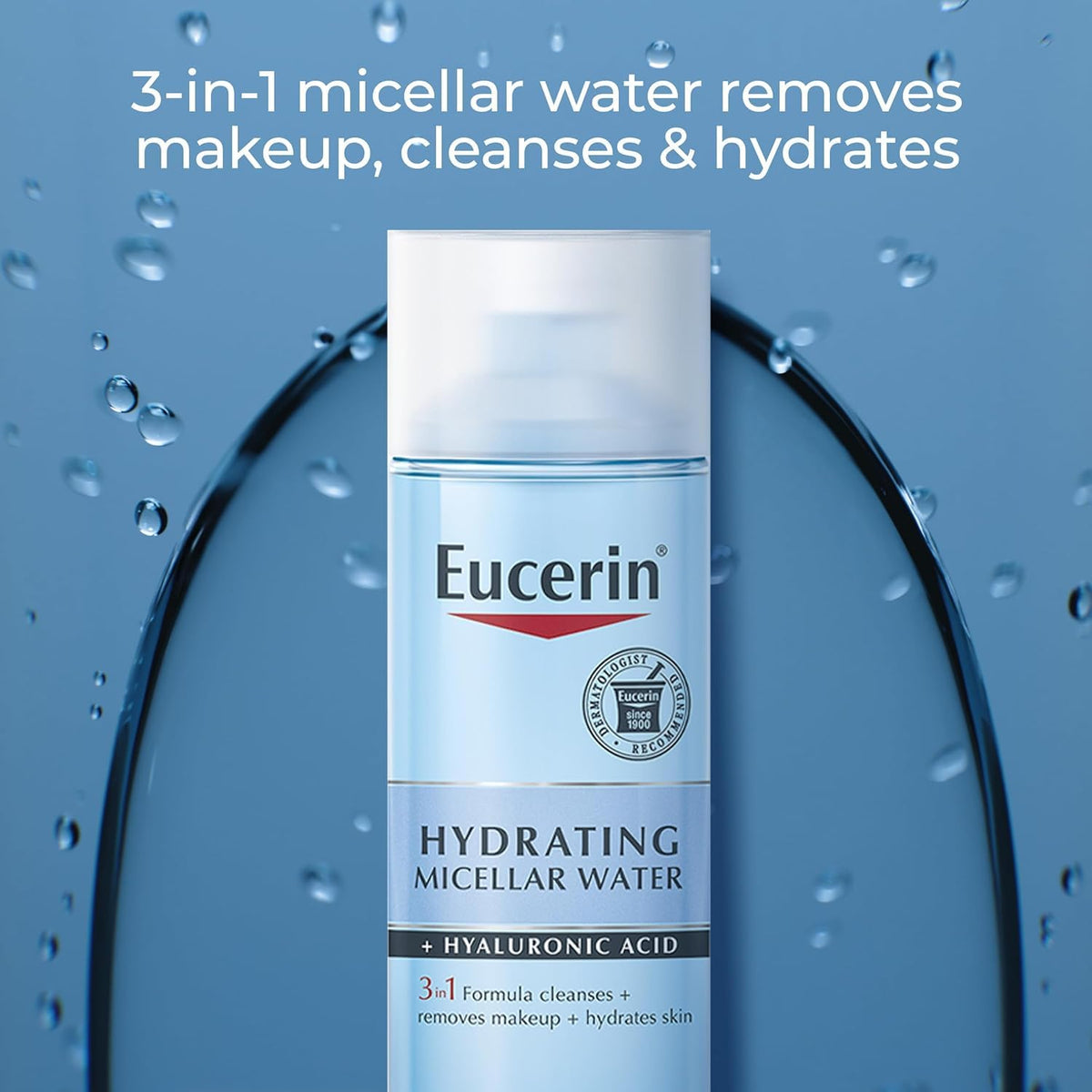 Eucerin micellar water bottle showing Hyaluronic Acid benefits