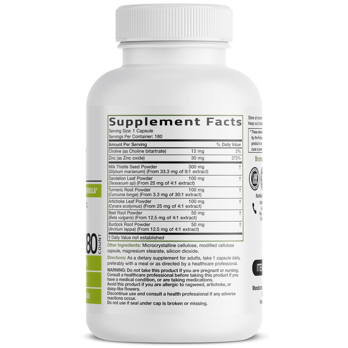 Bronson advanced liver health supplement side label indicating non-GMO and vegetarian features.