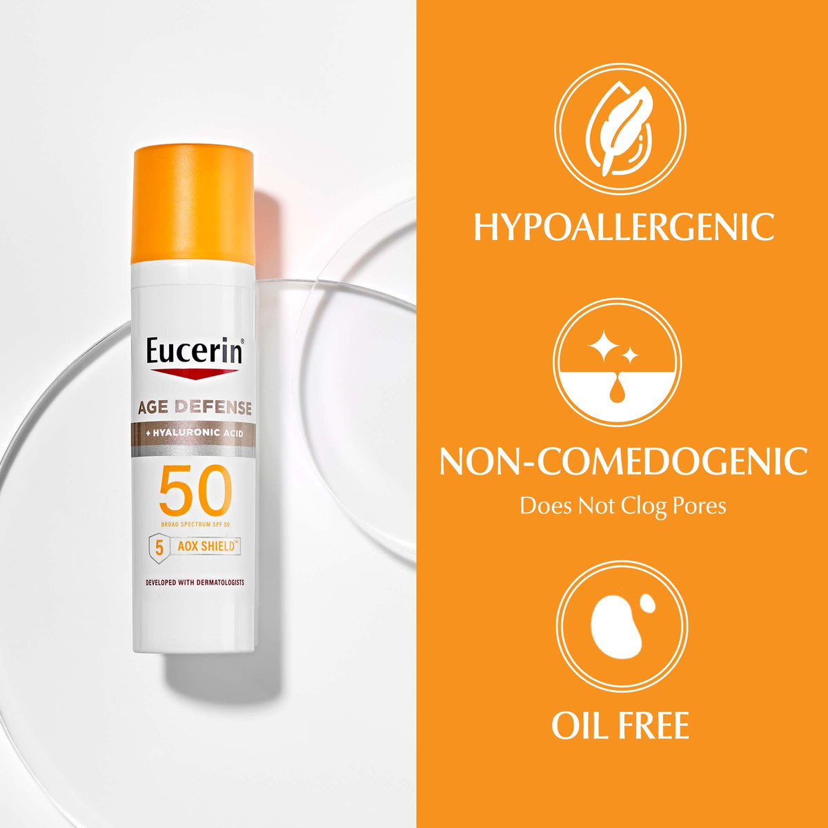 Close up of Eucerin sunscreen bottle texture and branding