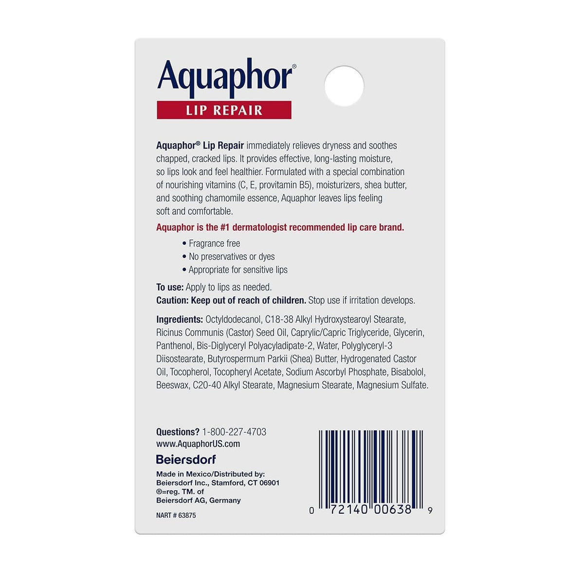 Aquaphor fragrance free lip balm tube angled view showing applicator