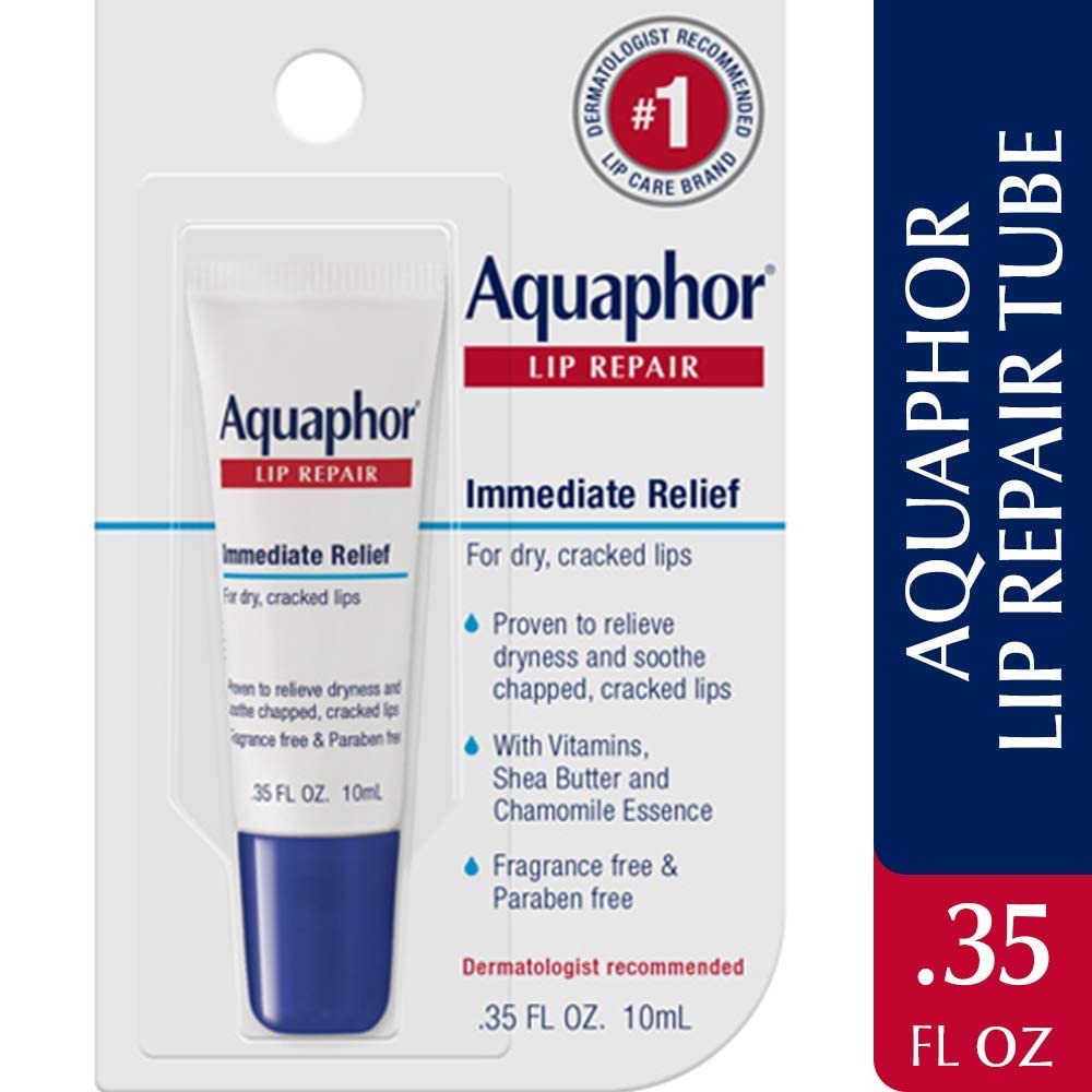 Aquaphor hydrating lip balm for sensitive skin showing product labels