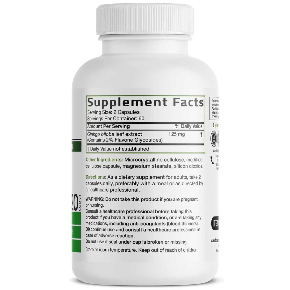 Side view of Bronson Ginkgo Biloba 500 milligrams supplement bottle detailing non-GMO and gluten-free labels