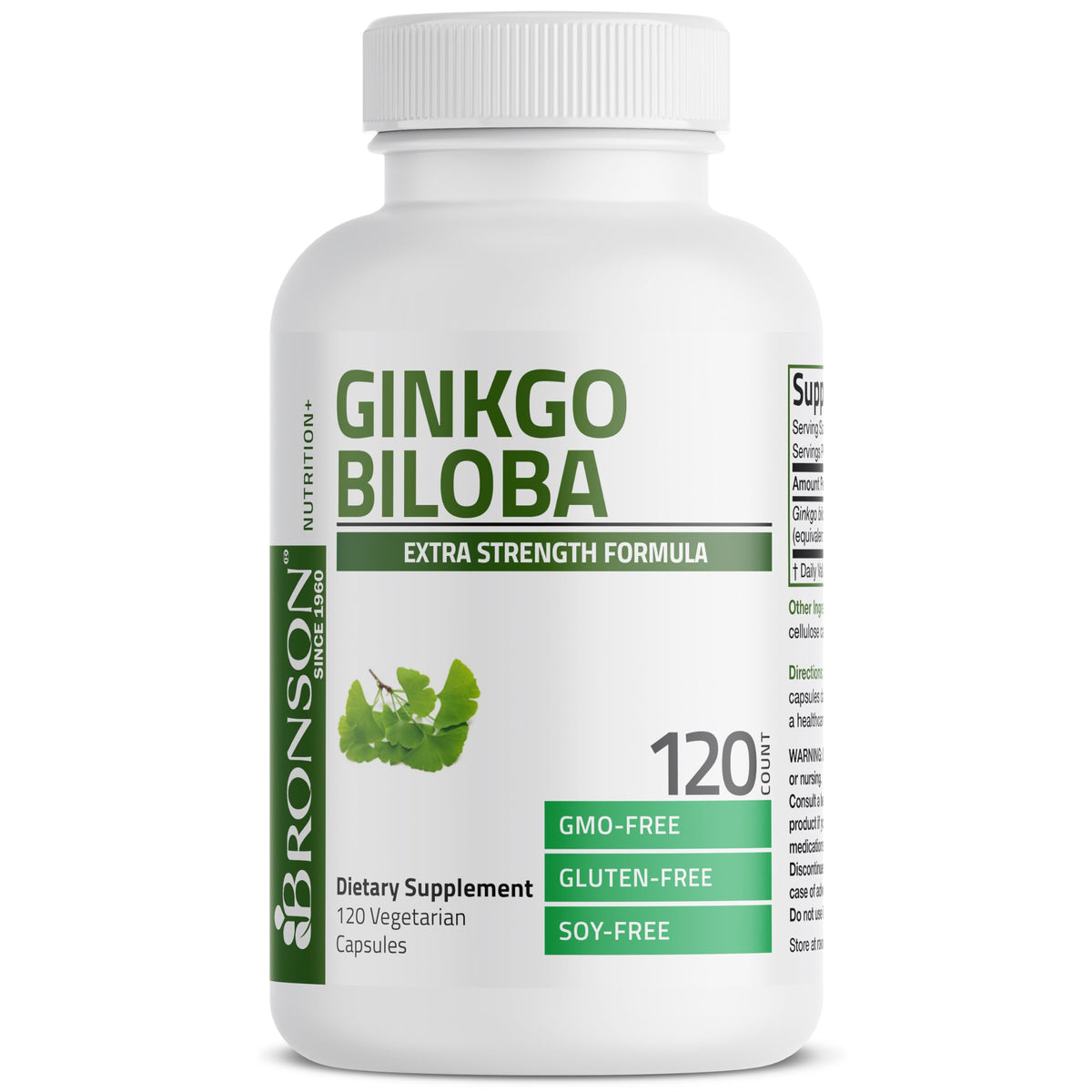 Top angle view of Bronson Ginkgo Biloba extra strength bottle showcasing the clean premium packaging