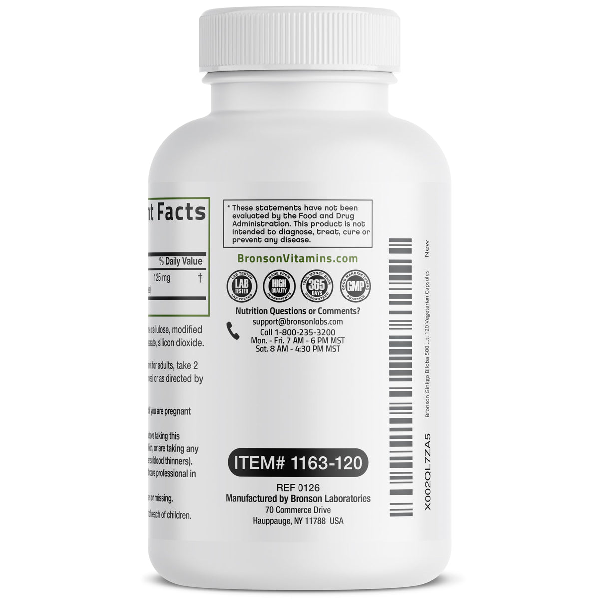 Bronson Ginkgo Biloba supplement bottle highlighting soy-free and cGMP certified facility manufacturing details