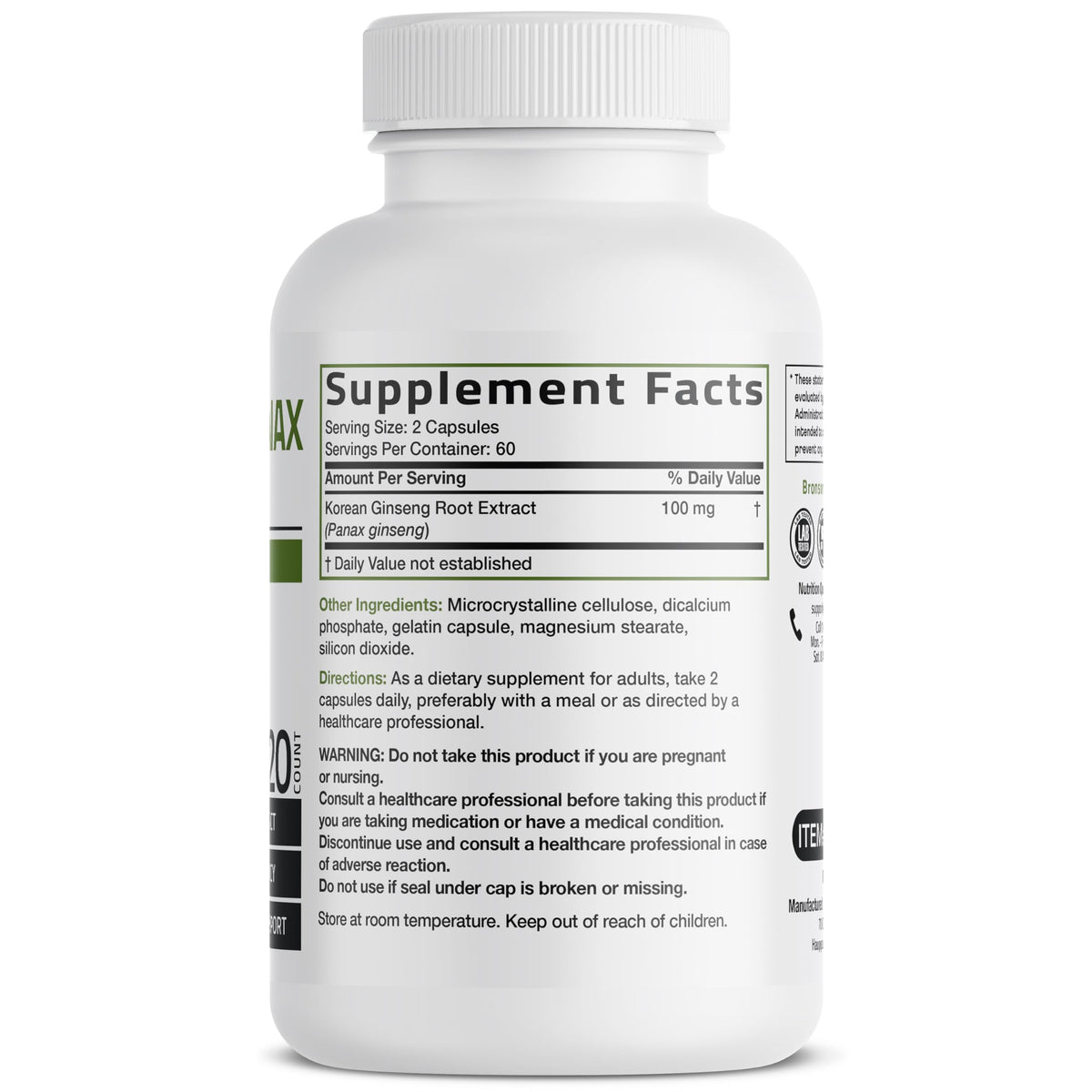Bronson Korean Panax Ginseng supplement facts label