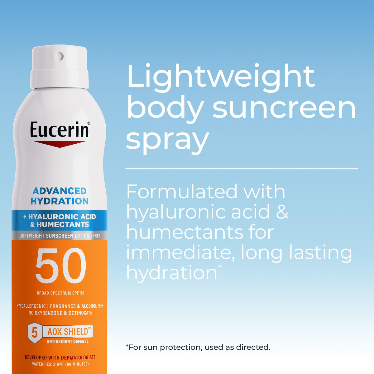 Eucerin SPF 50 spray bottle showing hyaluronic acid benefit