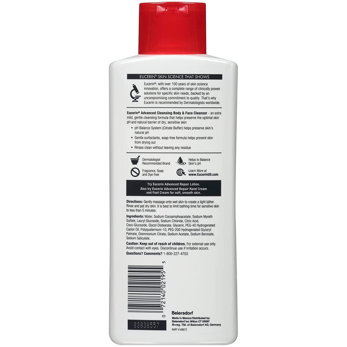 Two bottles of Eucerin Advanced Cleansing 16.9 fluid ounce liquid wash highlighting the soap free and fragrance free labels.