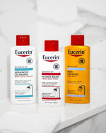 Back label view of Eucerin 2 in 1 face and body wash detailing the skin balancing pH 5 ingredients and dermatological benefits.