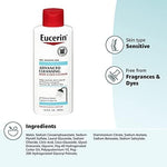 Eucerin Advanced Repair dermatological cleanser bottles demonstrating the convenient pump dispenser mechanism for easy daily application.