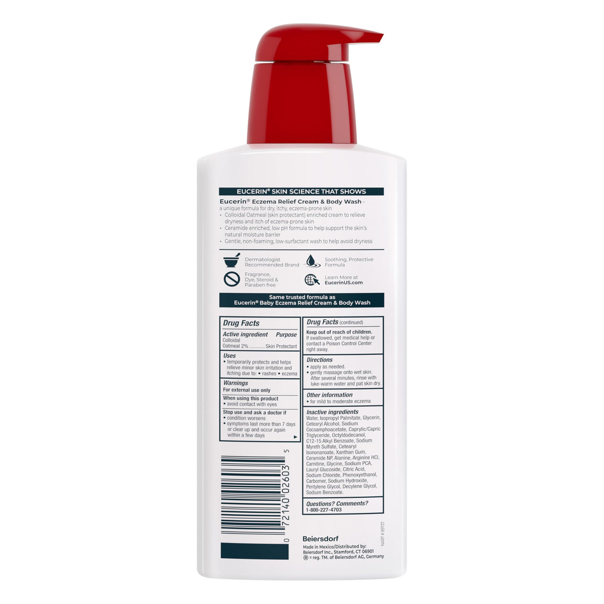 Back view of Eucerin Eczema Relief Cream And Body Wash bottle