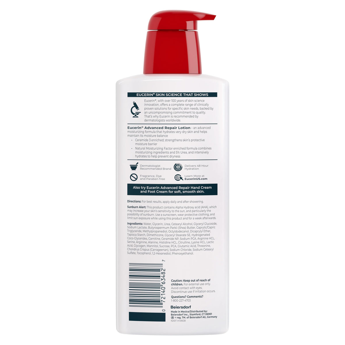 Side view of Eucerin Advanced Repair dry skin regimen bottles