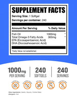 BulkSupplements omega 3 fish oil 240 softgels packaging showing nutritional facts label