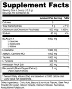 Bucked Up Racked supplement nutrition facts showing 2:1:1 BCAA ratio.