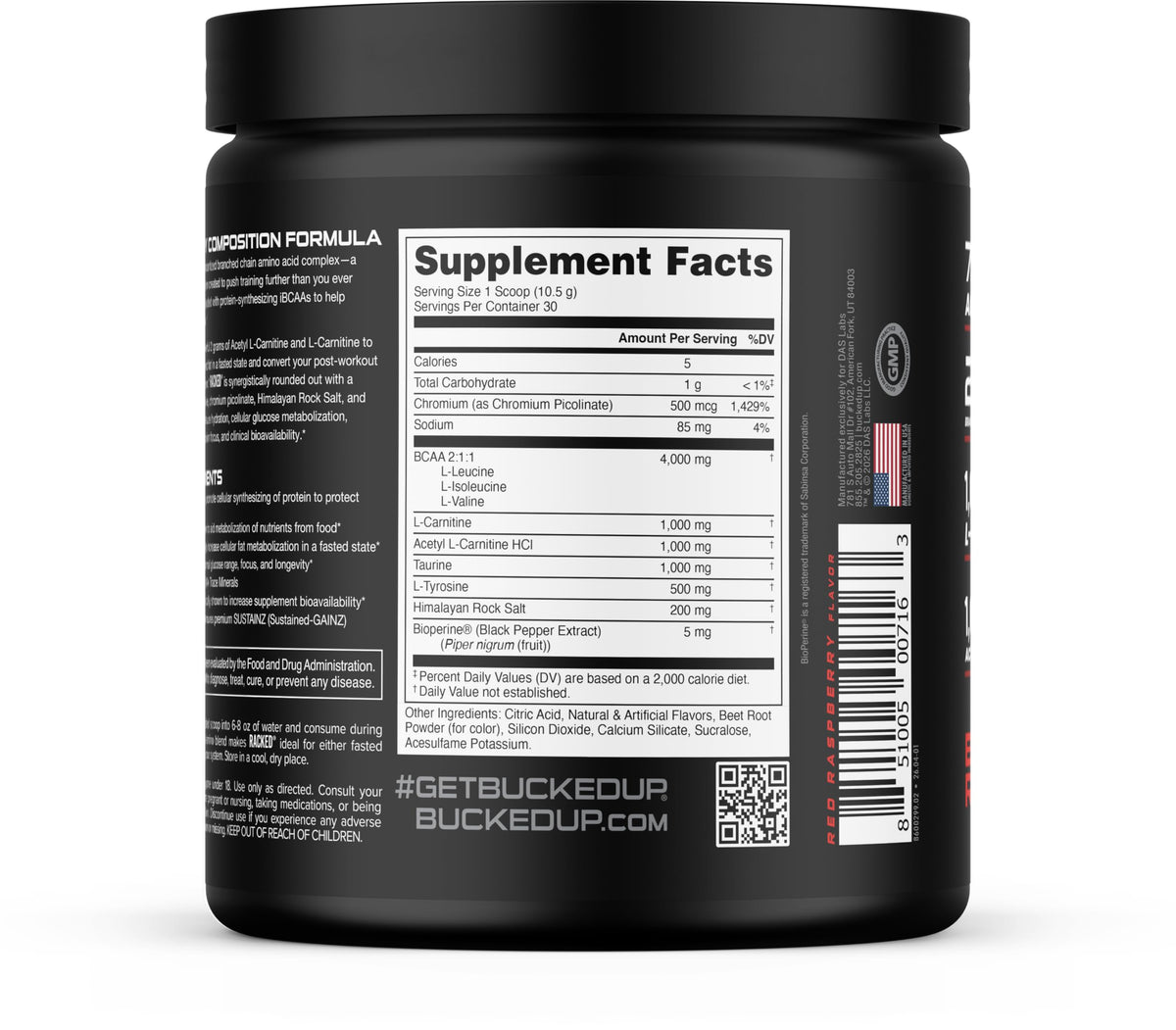 Bucked Up Racked BCAA with L-Carnitine for fat metabolism support.
