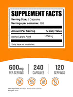 BulkSupplements Alpha Lipoic Acid 600mg supplement facts label showing ingredients and serving size