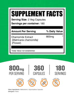 BulkSupplements Chamomile Extract supplement facts panel with 800mg serving size details