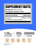 BulkSupplements Chromium Polynicotinate dietary mineral supplement nutrition facts panel showing 200mcg per serving.