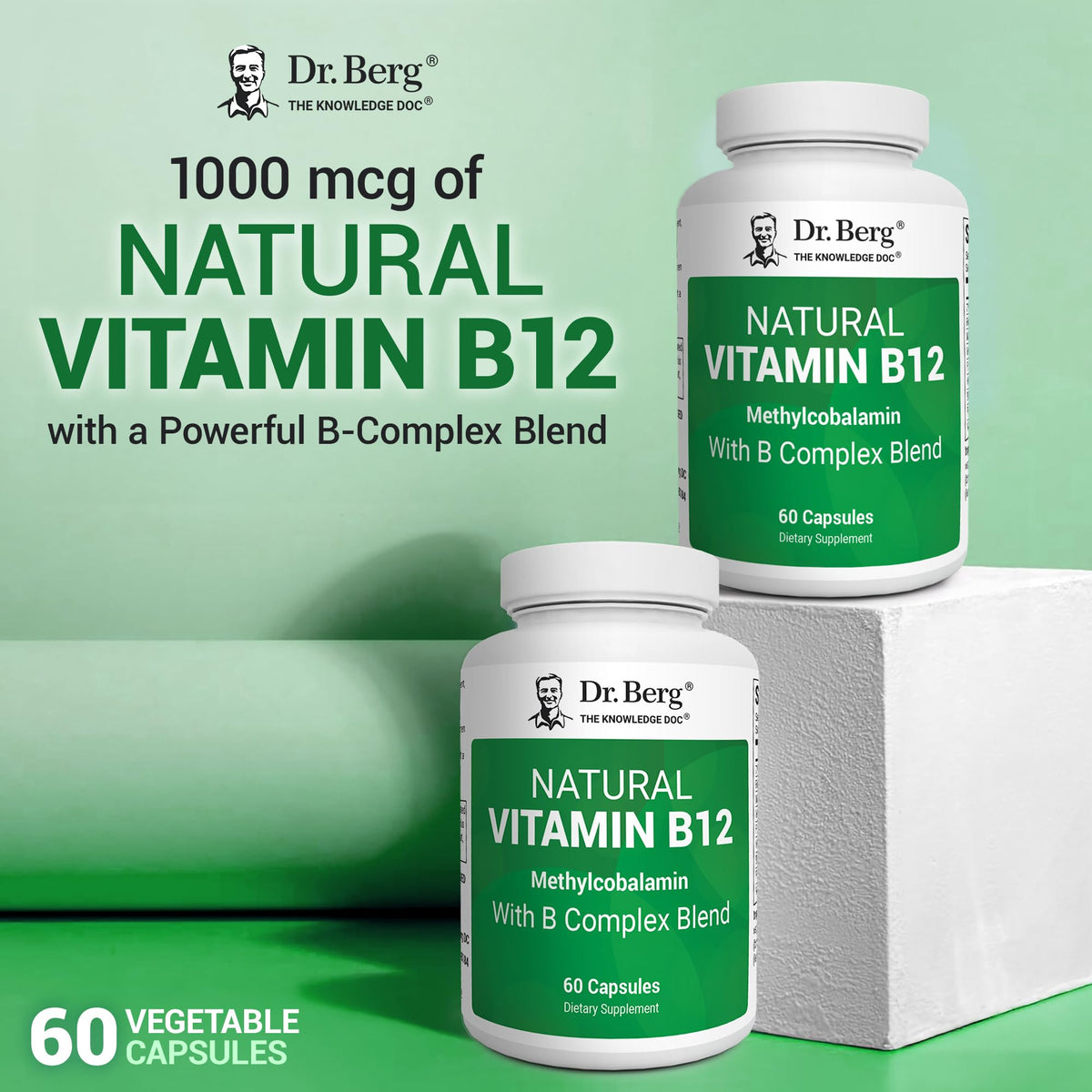 Authentic imported Dr. Berg natural vitamin B12 sixty capsule bottle showing clear brand seals.