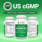 Top view of Dr. Berg nutritionals vitamin B12 container next to dietary supplement capsules.