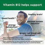 High potency Nature Made B12 2500 mcg supplement facts and clean ingredient list on side of the bottle