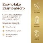 Side view of Solgar Vitamin B12 brown glass bottle with certified vegan and gluten free logos